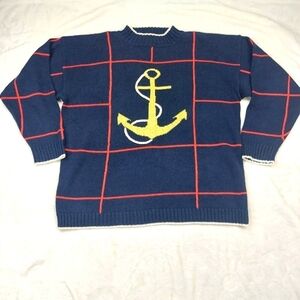 Vintage Navy Sweater with Yellow Anchor and Red Grid